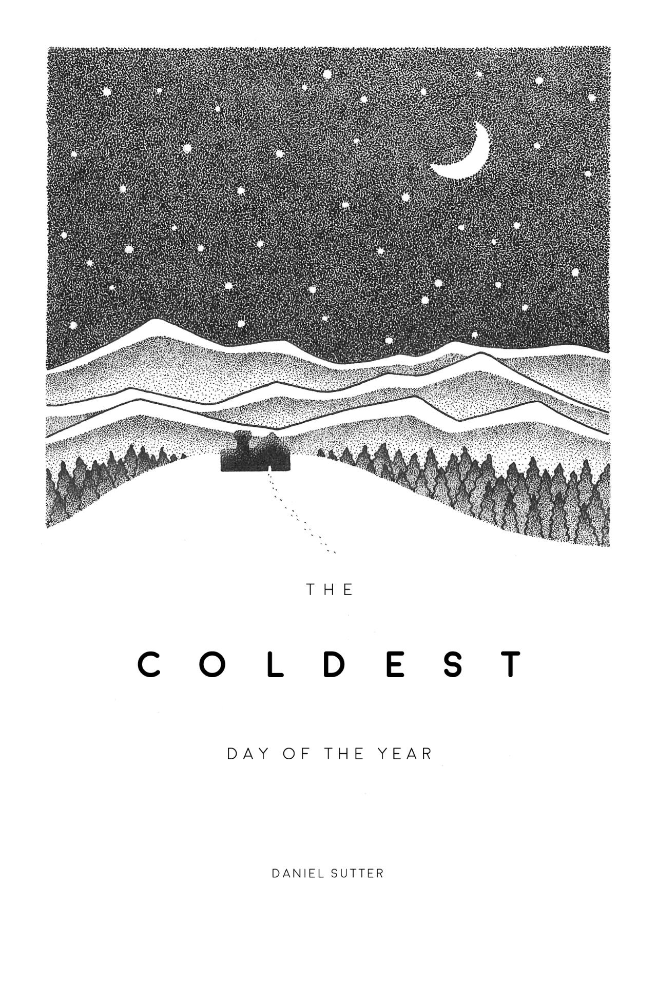 Cover of my novel The Coldest Day of the Year, an ink illustration of a hillfort in the mountains under a crescent moon